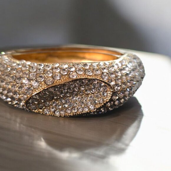 Elegant Gold-Finish Bangle Bracelet with Sparkling Crystal Rhinestones – Dressy - Picture 3 of 6